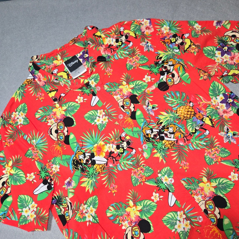 Disney Mickey Mouse Men Red Hawaiian Tropical Floral Button Down Shirt Large